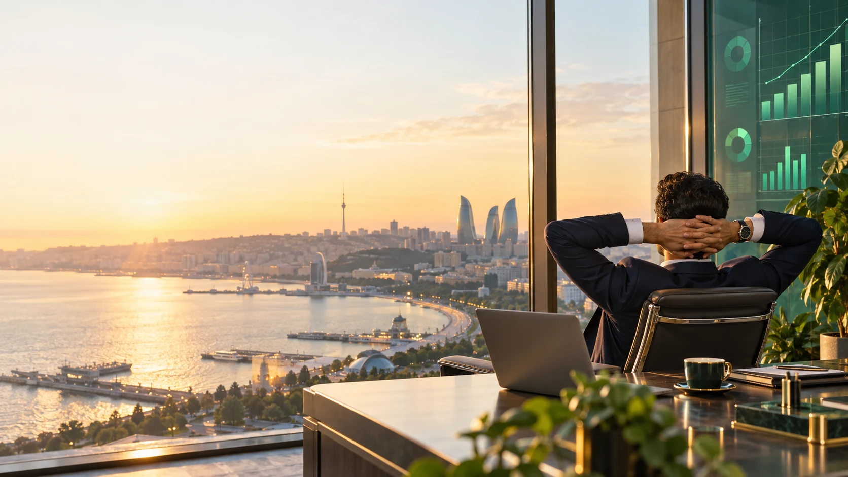 Bakı mənzərəli ofisində rahat oturan sahibkar və biznes göstəricilərini təsvir edən illüstrativ panel